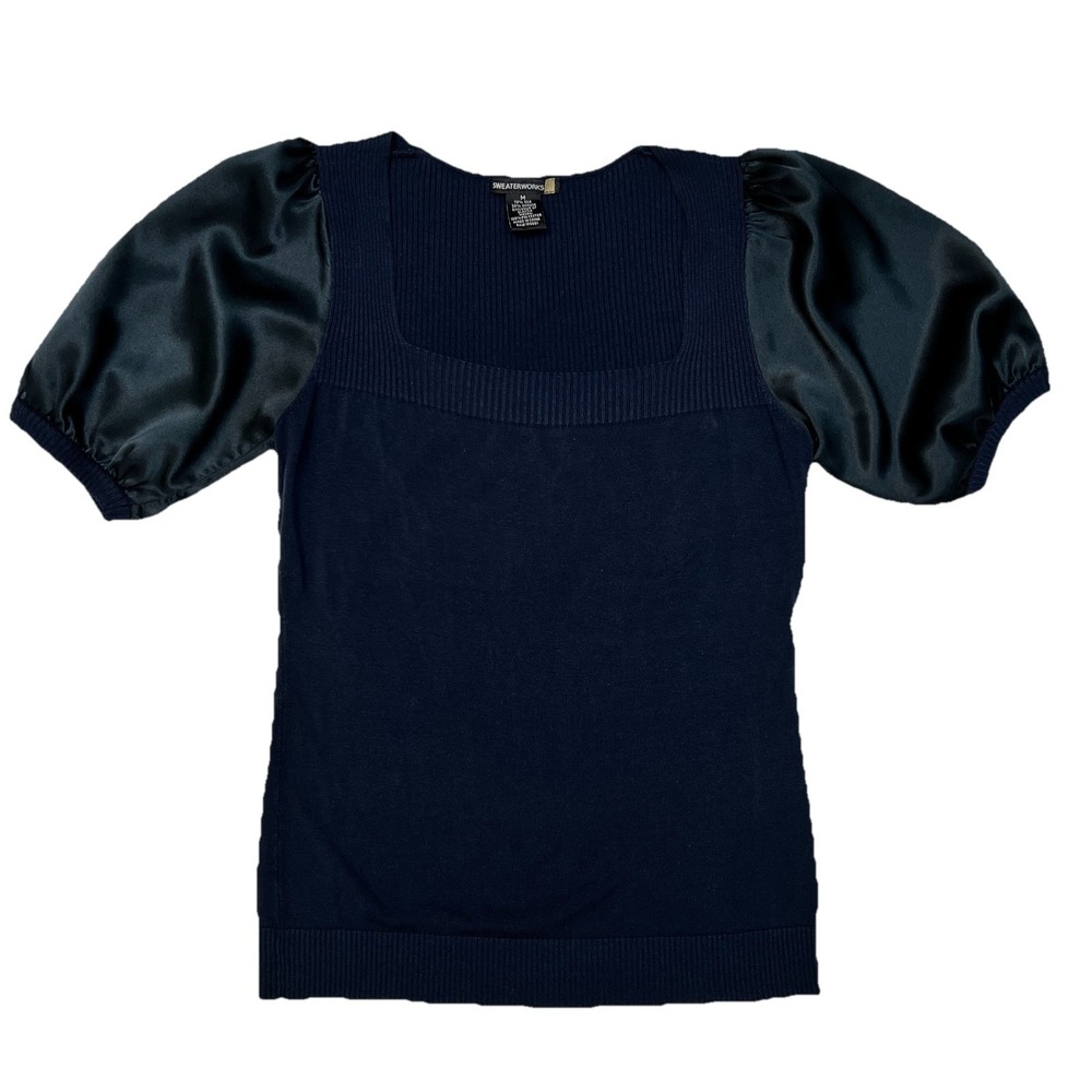 Woman's Sweaterworks Navy Blue Puff Sleeve Top Blouse Size Medium 70% Silk